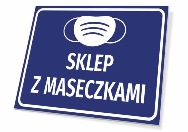 Mask Store Sign T504 - Graphic design. Blue background with white text and mask symbol.