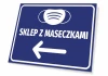 Store sign for masks T505 - Rectangular sign with blue background, white text, and icon.