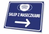 Mask Store Sign T506 - Rectangular sign with blue background, white text, and icon.
