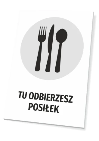Meal pickup sign - Graphic design. Black fork, knife, and spoon icons on a gray background.