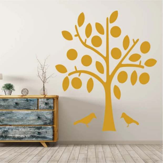 Decorative sticker tree with birds 2534 - Room arrangement. Light-colored wall, rustic style furniture.