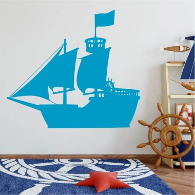 Pirate ship sticker for kids - Decorates a child\'s room with light-colored walls and wooden flooring.