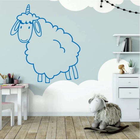Children\'s wall sticker sheep 2546 - Decor for a kids\' room. Light-colored walls, wooden floor.