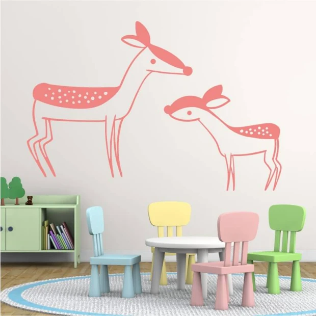 Wall sticker for kids featuring a fawn 2548 - Decor for a child\'s room with light-colored walls and pastel furniture.