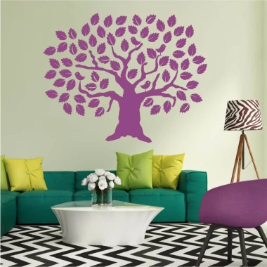 Wall sticker tree 2533 - Living room decor with light-colored walls and furniture in shades of green and purple.