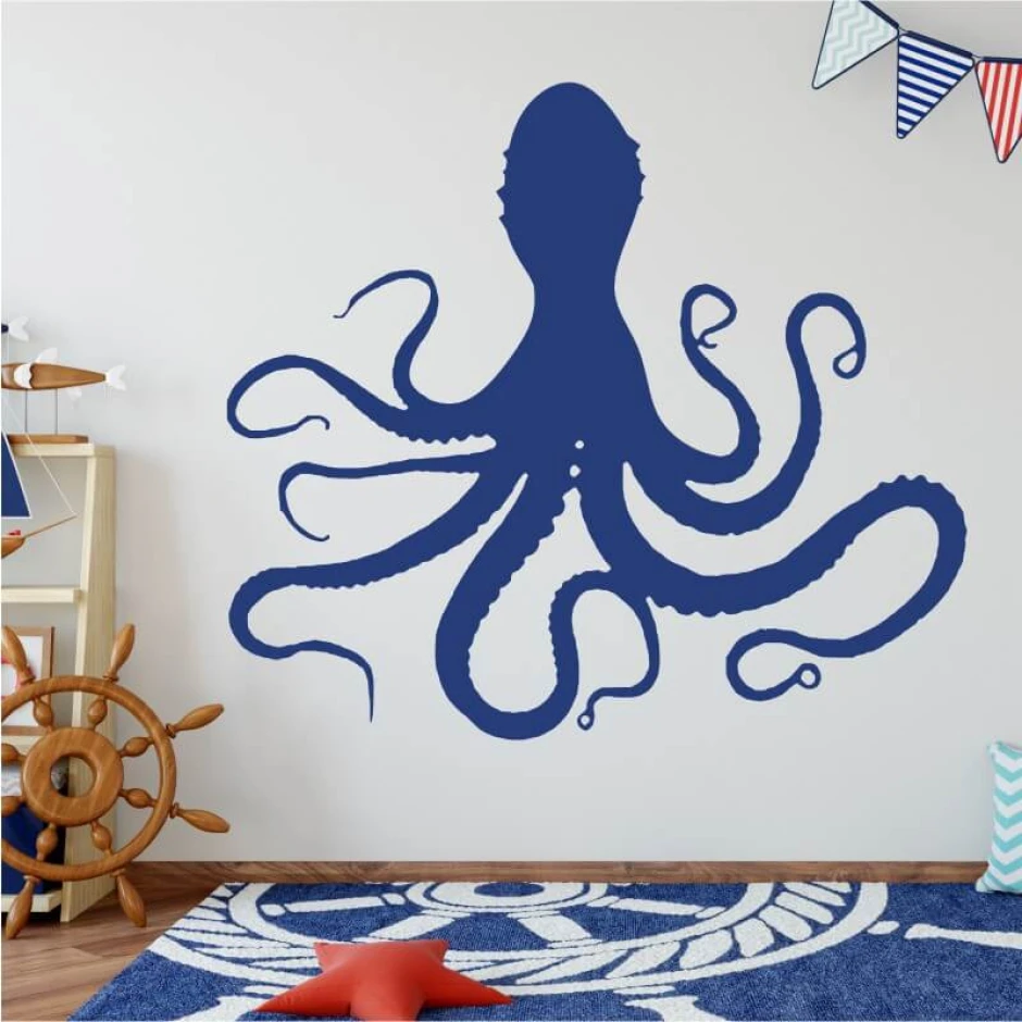 Octopus wall sticker 2544 - Decor for a child\'s room with light-colored walls and a blue rug.