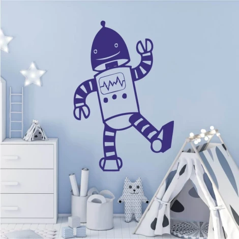 Robot wall sticker 2528 - Decor for a child\'s room. Light-colored walls, white and gray furniture.