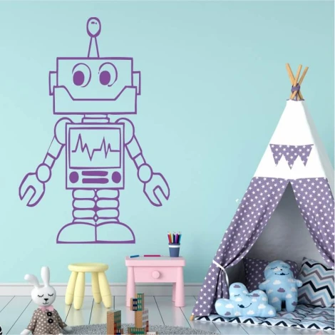 Robot painting template 2527 - Decor for a children\'s room. Light-colored walls, tent with gray and white stars.