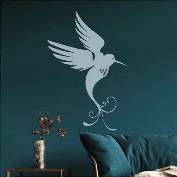 Hummingbird painting template 2541 - Living room setup. Dark wall, light-colored sofa.