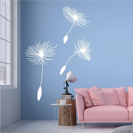 Dandelion wall stencil 2529 - Living room decor with light-colored walls and pastel furniture.