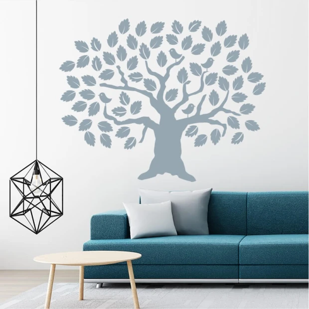 Tree wall template 2533 - Living room arrangement. Light-colored walls, blue furniture.
