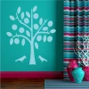 Tree and birds wall template 2534 - Room arrangement. Turquoise walls, striped curtains.