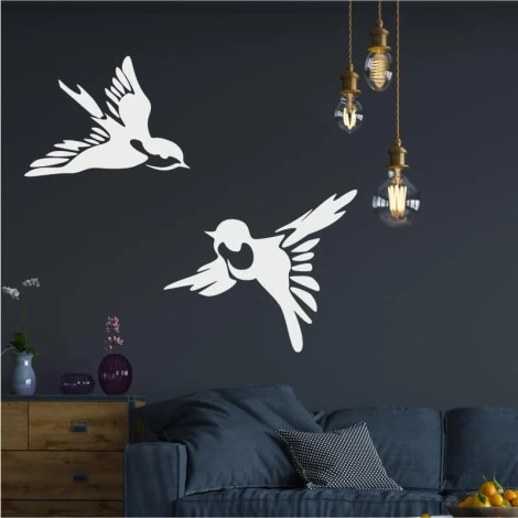 Swallow wall template 2542 - Living room decor with dark walls and gray furniture.