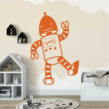 Robot wall template 2528 - Decor for a child\'s room. Light-colored walls, minimalist style furniture.