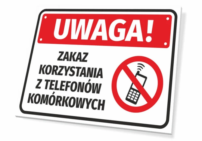 No Mobile Phones Sign T529 - Graphic design. Red rectangle with white text and symbol.
