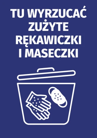 Sticker for disposing of used gloves and masks - graphic design. White bin graphic on a dark blue background.