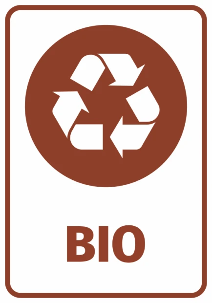 Bio trash can sticker - Graphic design. Round shape with recycling symbol and BIO text.