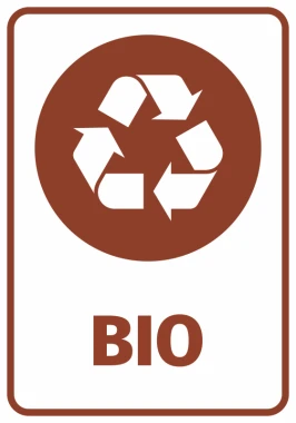 Bio trash can sticker - Graphic design. Round shape with recycling symbol and BIO text.