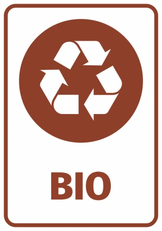 Bio trash can sticker - Graphic design. Round shape with recycling symbol and BIO text.