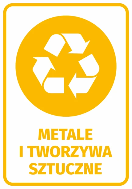 Sticker for waste bin - Metals and plastics. Round recycling symbol with three white arrows.