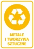 Sticker for waste bin - Metals and plastics. Round recycling symbol with three white arrows.