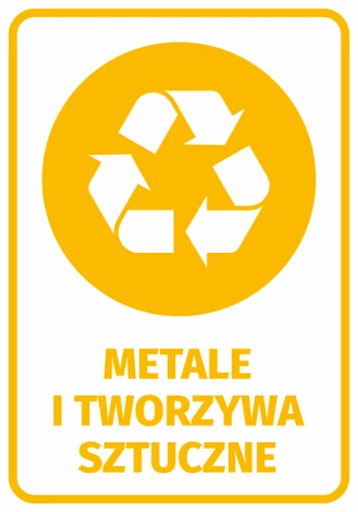 Sticker for waste bin - Metals and plastics. Round recycling symbol with three white arrows.