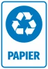 Paper bin sticker - Graphic design. Round graphic with recycling symbol and the word Paper.