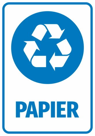 Paper bin sticker - Graphic design. Round graphic with recycling symbol and the word Paper.