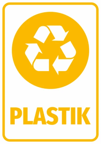Plastic bin sticker - Graphic design. Round shape with recycling symbol and PLASTIC text.