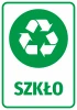 Glass bin sticker - graphic design. Round shape with white glass symbols on a green background.