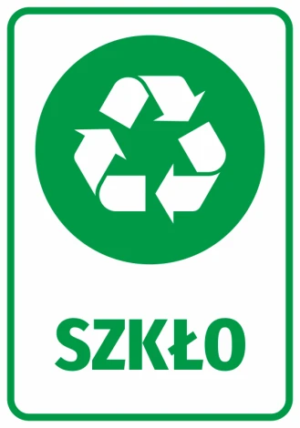 Glass bin sticker - graphic design. Round shape with white glass symbols on a green background.