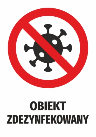 Disinfected Object Sticker - Graphic Design. Red circle with a crossed-out virus symbol and text.