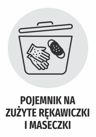 Sticker for used gloves and masks container - Graphic design featuring a container with gloves and a mask.