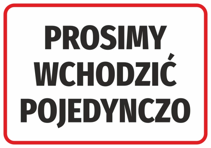 Please enter one at a time sticker - Graphic design. Red rectangle with white background and large black text.