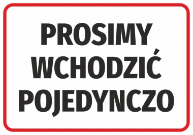 Please enter one at a time sticker - Graphic design. Red rectangle with white background and large black text.
