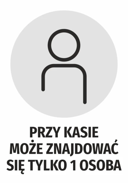 Sticker: Only 1 person allowed at the checkout - Graphic design. Round shape with a figure icon on a gray background.