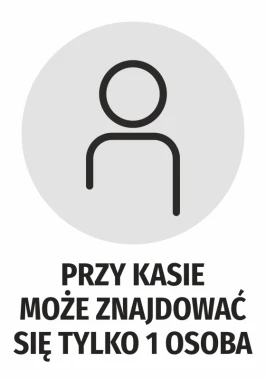Sticker: Only 1 person allowed at the checkout - Graphic design. Round shape with a figure icon on a gray background.