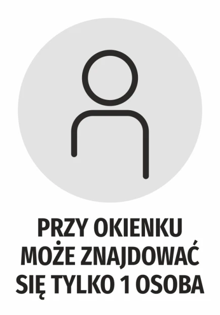 Sticker: Only 1 person allowed at the window - Graphic design. Round shape with a person icon and bold text.