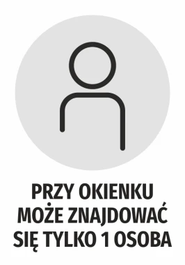 Sticker: Only 1 person allowed at the window - Graphic design. Round shape with a person icon and bold text.