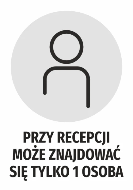 Sticker: Only 1 person may be at the reception - Graphic design. Round shape with an icon and large text.