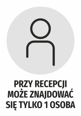 Sticker: Only 1 person may be at the reception - Graphic design. Round shape with an icon and large text.