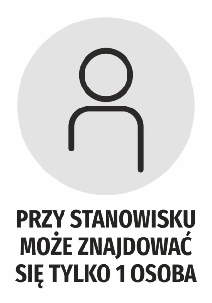 Sticker: Only 1 person allowed at the workstation - Graphic design with an icon of a figure on a gray background.