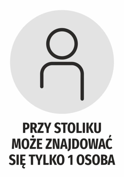 Sticker: Only 1 person may be at the table - Graphic design. Round shape with a figure icon on a gray background.