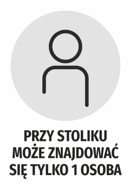 Sticker: Only 1 person may be at the table - Graphic design. Round shape with a figure icon on a gray background.