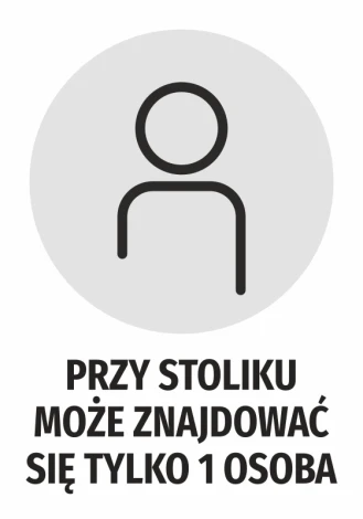 Sticker: Only 1 person may be at the table - Graphic design. Round shape with a figure icon on a gray background.