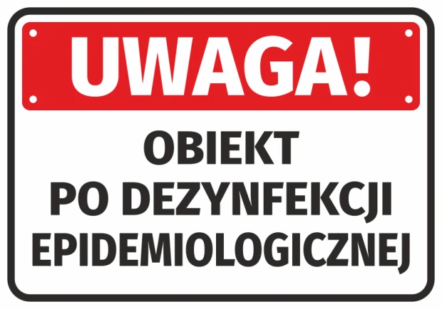 Warning Sticker: Object Disinfected - Graphic Design. Red background with white text and black letters.