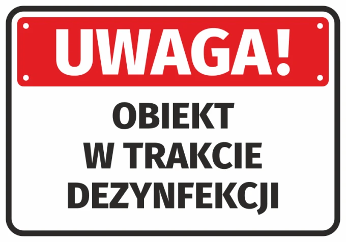 Caution: Object Under Disinfection - Graphic Design. Red background with white text and black border.
