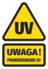 UV Radiation Warning Sticker - Graphic design. Yellow triangle with black UV text and rectangle with Warning! text.