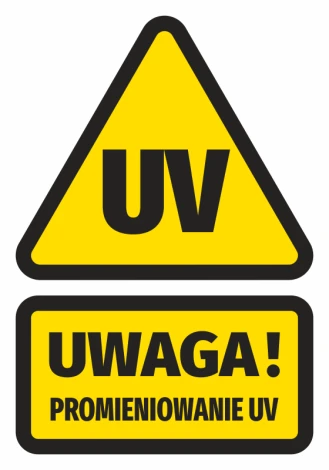 UV Radiation Warning Sticker - Graphic design. Yellow triangle with black UV text and rectangle with Warning! text.