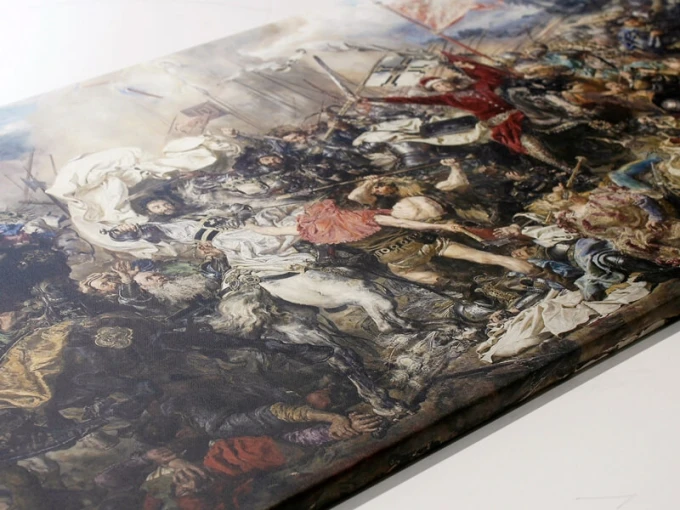 Reproduction of the painting Battle of Grunwald by Jan Matejko, depicting a dynamic battle scene.